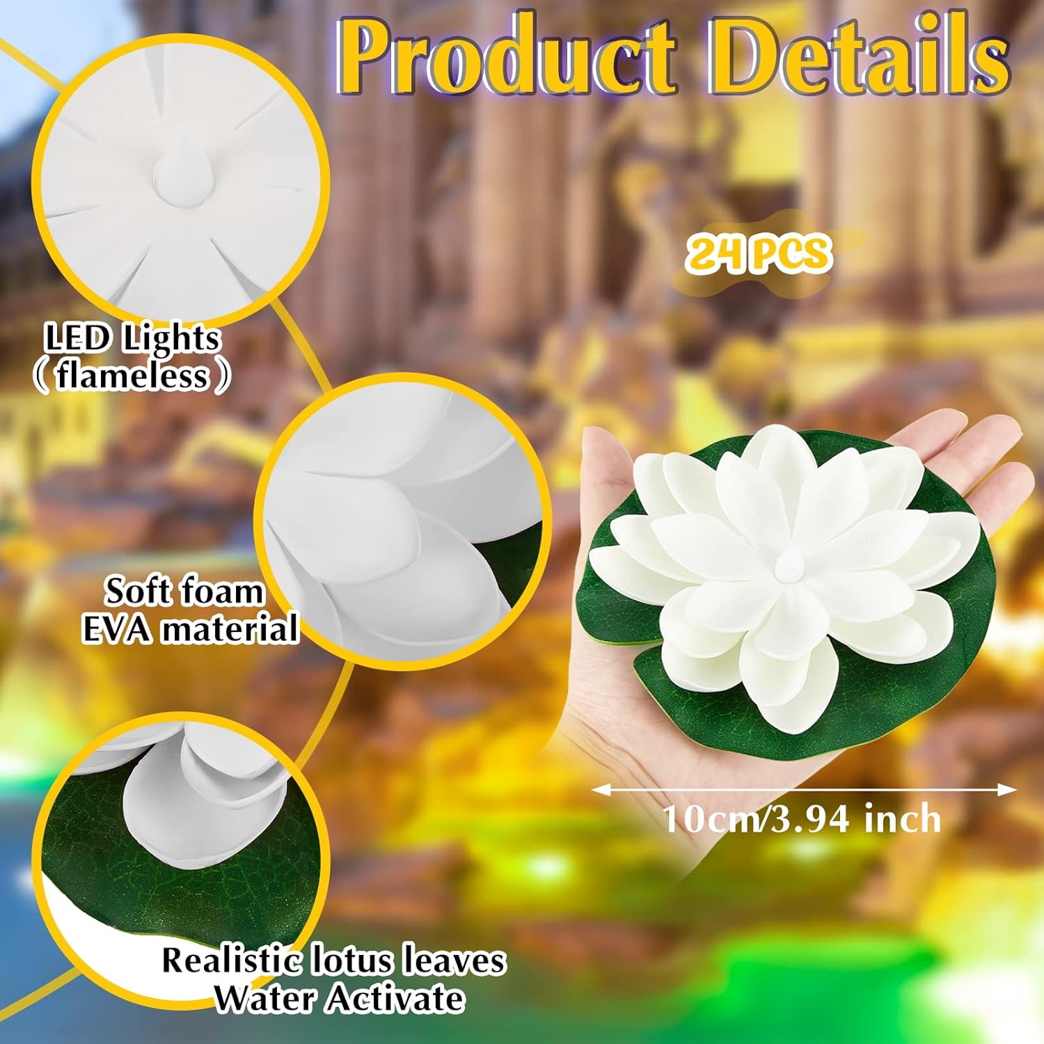 Liliful 24 Pcs Diwali Lotus Decoration Pool Floating Lights, Artificial Flowers Lotus with LED,Lily Pads Water Lantern for Indian Puja Home Decoration(3.94 Inch,White)