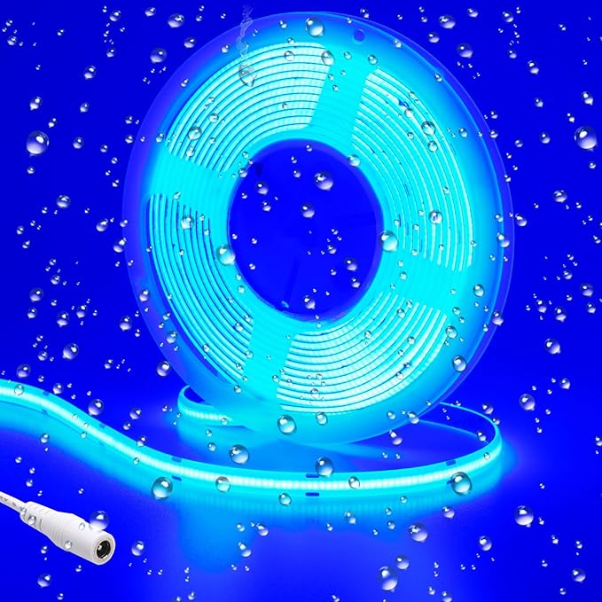DC 24V COB LED Strip Light Blue IP65 Waterproof 5M/16.4ft Uniform Glow 2400LEDs Flexible LED Tape Lights for DIY Garden Backyard Corridor Stairs Decoration(No Power Supply)