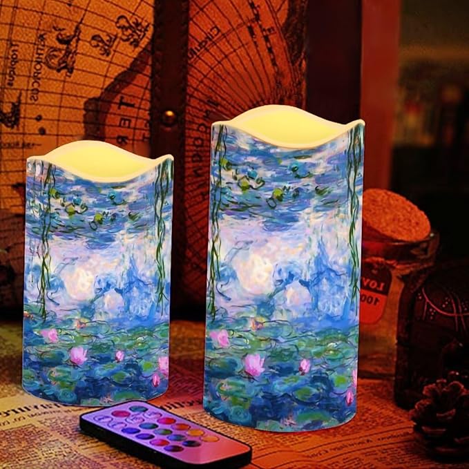 Ystardream Monet's Water Lily Flameless Candles with Timer Led Candles Flickering 4 Candle Sets for Home Decor,18 Key Remote Control，Dancing Flame, True Wax, Battery Powered.