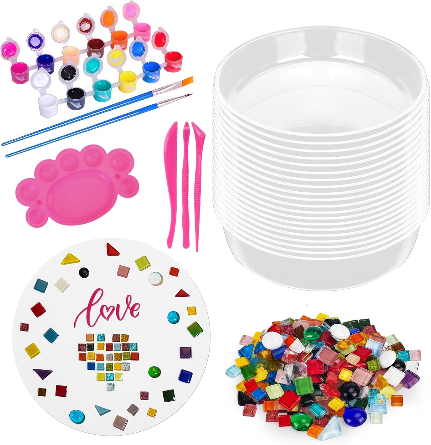 Concrete Stepping Stone Molds,Cement Molds Perfect for Creating Stepping Stones & Garden Markers, Include 300g Mosaic Tiles,Carving Tools and 12 Colors of Acrylic Paint, 10" diam (20pcs)