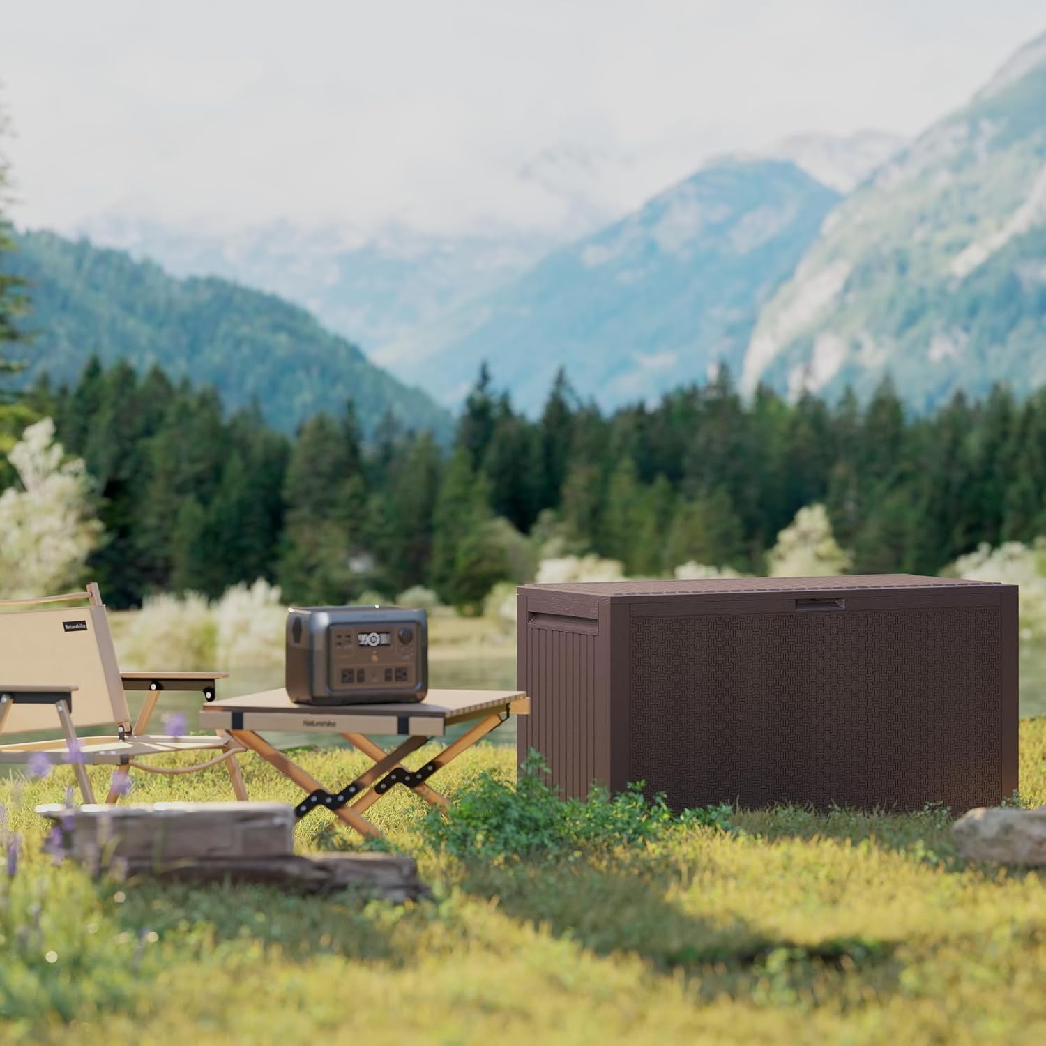 90 Gallon Outdoor Storage Box, Lockable Package Outside Storage Box Waterproof, Patio Cushions Deck Storage Boxes, Rattan Plastic Garden Hose Containers Resin Pool Storage Bins with lids, Brown