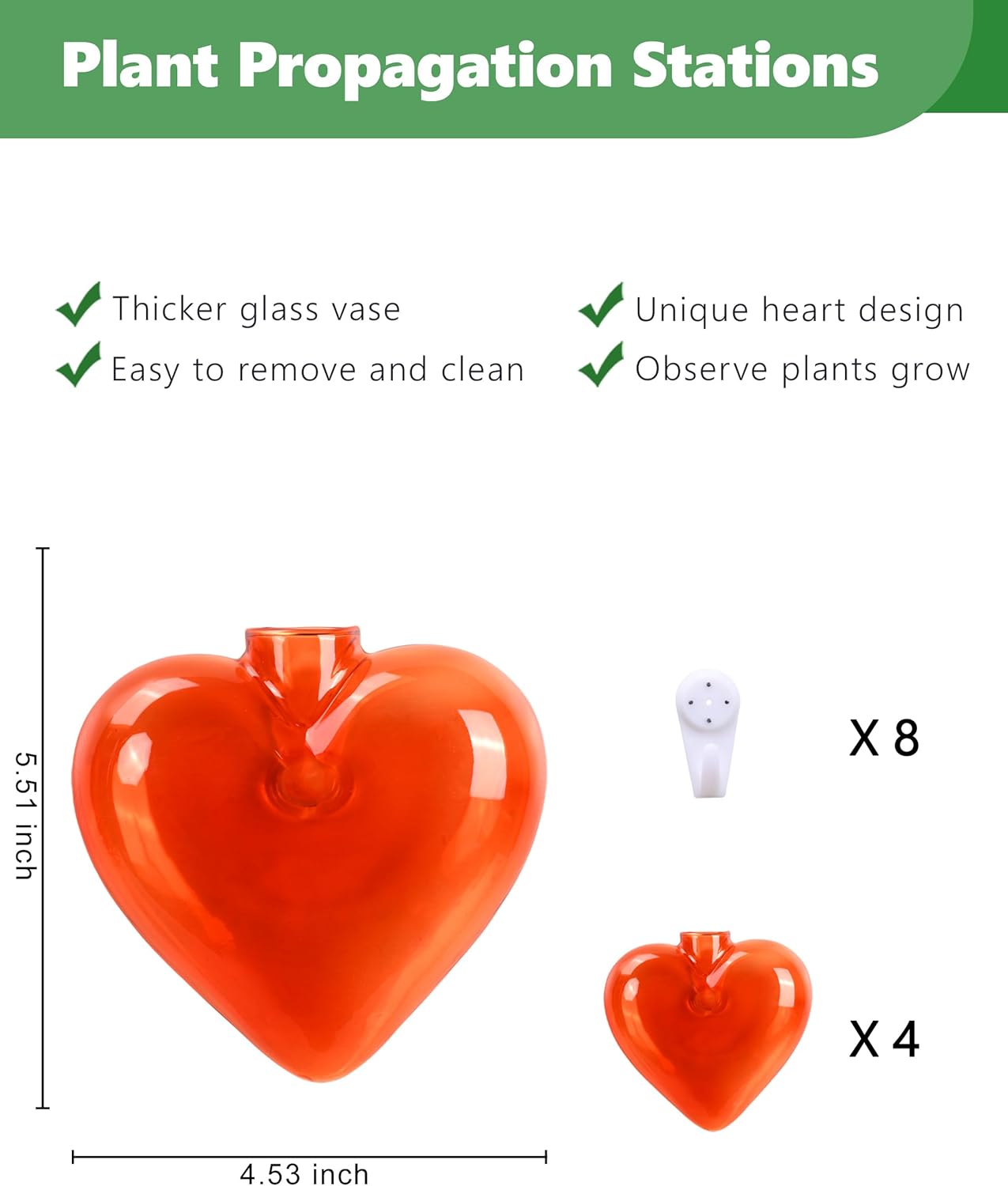 Nacome Wall Hanging Glass Planter Terrarium Plant Propagation Station, 4 Pack Heart Shape Vase for Hydroponic Home Office Garden Decor,Unique Gardening Gifts for Plant Lovers Women Mom(Orange)