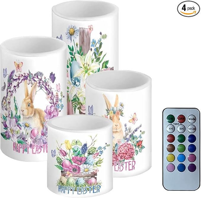 Happy Easter Flameless LED Candles Electric Candles with Remote Timer Colorful Light Control Long Lasting for Easter Day Decorations Pack of 4, Bunny Flower Butterfly Wreath, White