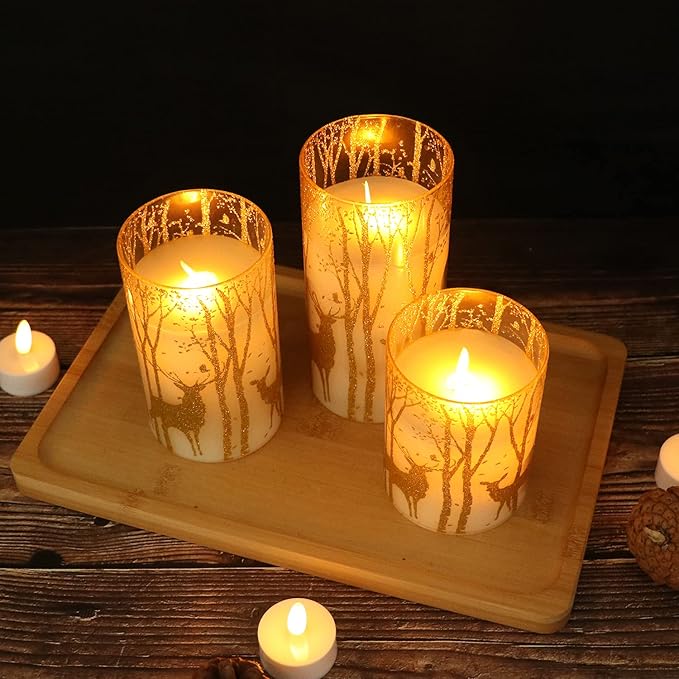 Christmas Deer Flameless Candles with Remote Timer, Glass Battery Operated Pillar Candles with Gold Elk Decor, LED Flickering Candles with 3D Wick and Real Wax for Winter Christmas Home Decor