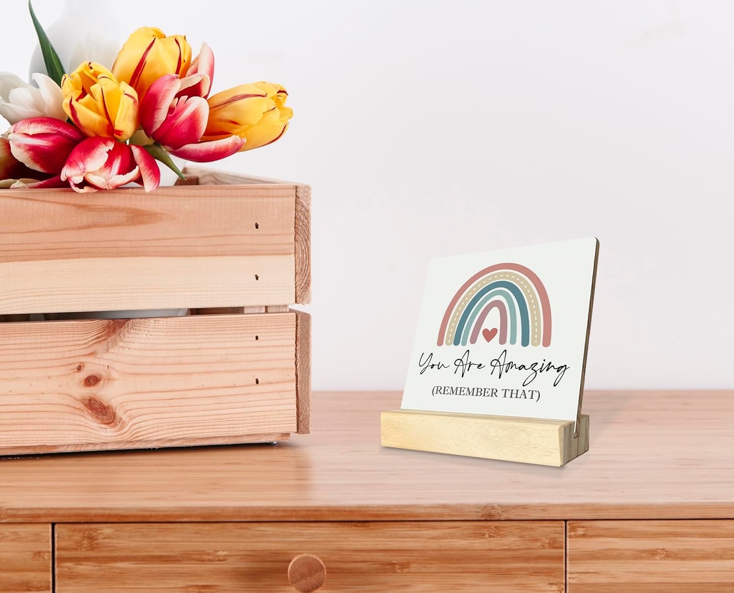 Primitive Wooden Sign, You are Amazing Remember That, Desk Plaque with Wooden Stand 4 x 4.3 inches, Rustic Home Decor, Farmhouse Sign, Inspirational Quotes Gifts for Friend Family, Cheer Up Gift B