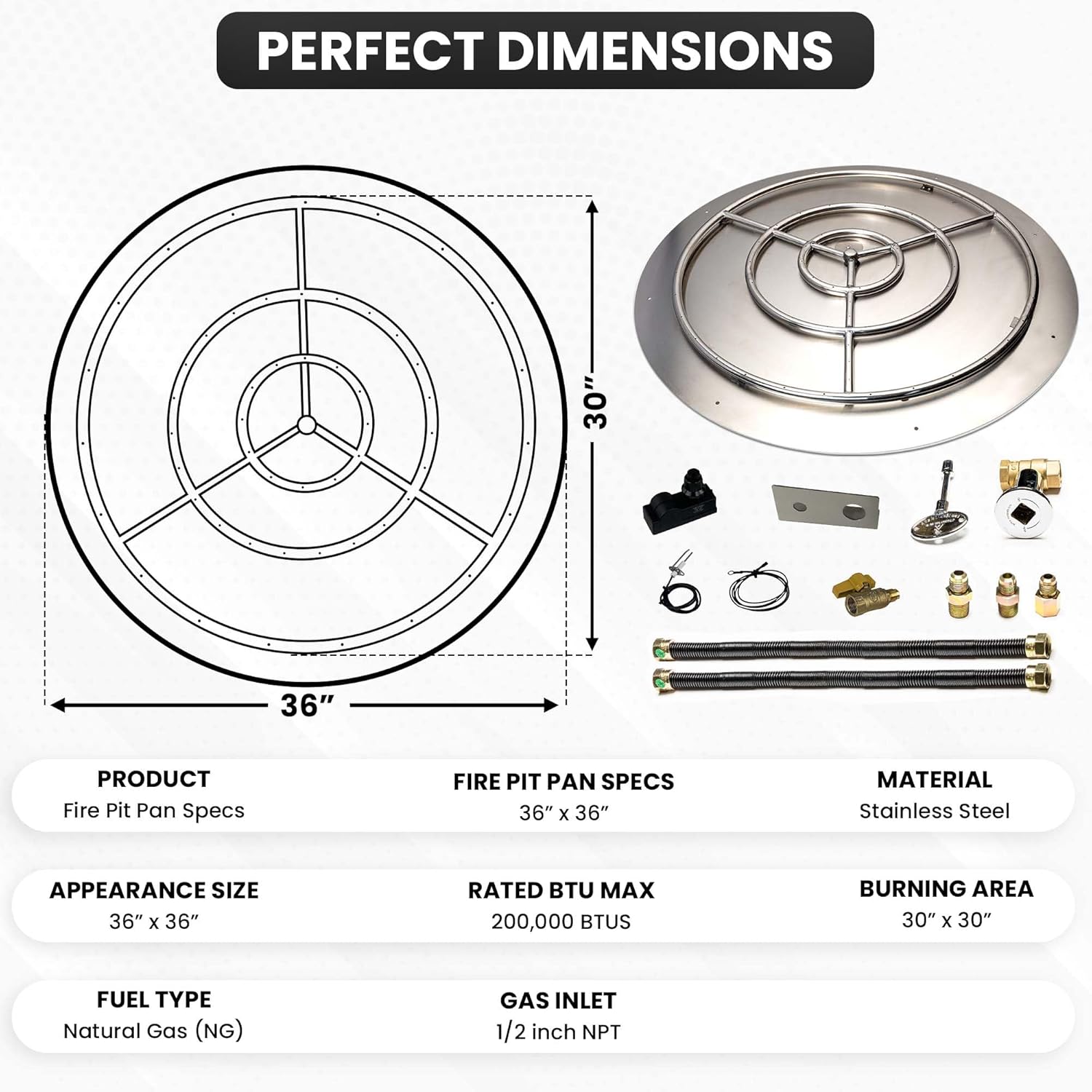 Stainless Steel Fire Pit Burner Pan & Ring Deluxe Kit for Natural Gas, 36-Inch Pan, 30-Inch Ring, 200,000 BTU Max