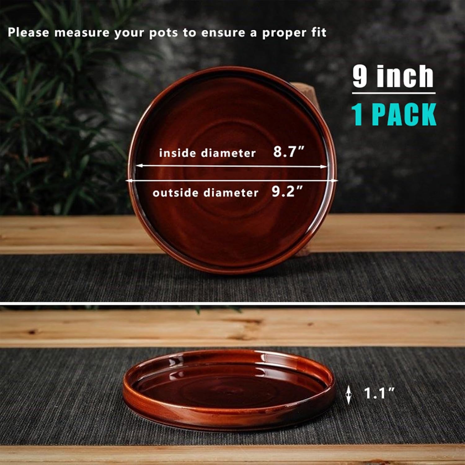 Ceramic Plant Saucer 9 Inch, Round Plant Trays for Indoors/Outdoors, Flower Pot Saucers for Holding Water Drips and Soil, Ceramic Drainage Tray for Plant Pot (Brown)