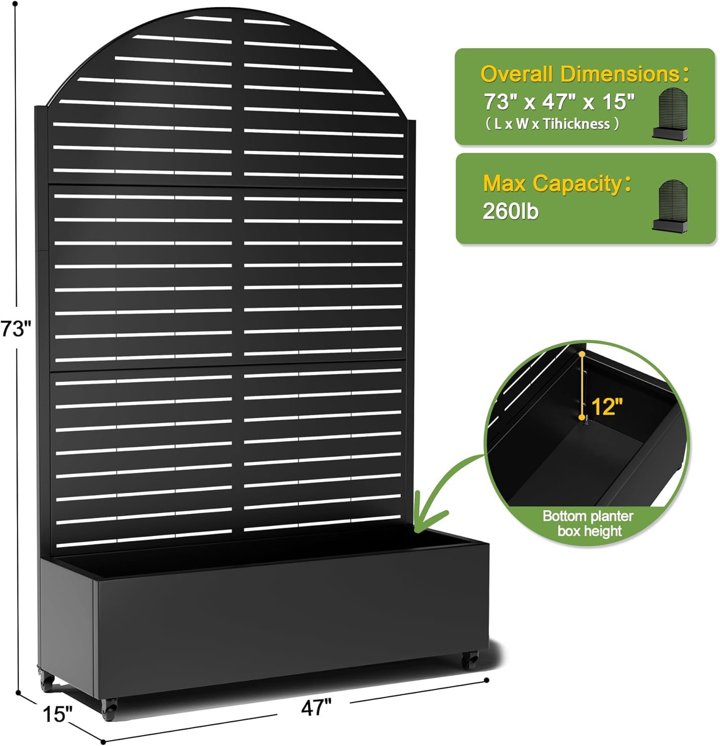 FENCY Metal Raised Garden Bed with Wheels and Trellis,Arched 73"x47"x16" Planter Box for Climbing Plants, Vegetables & Vines, Features Privacy Screen and Drainage Holes (Black-Louvered)