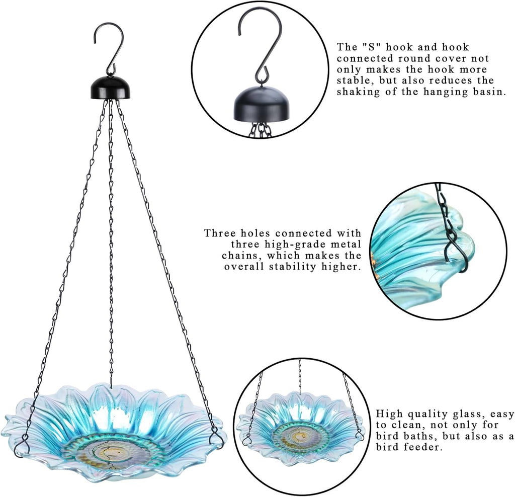 VCUTEKA Bird Bath, Glass Hanging Bird Baths for Outdoors Birdfeeder with 21 inch Rust-Proof Chain for Garden Yard Decor, Blue Daisy