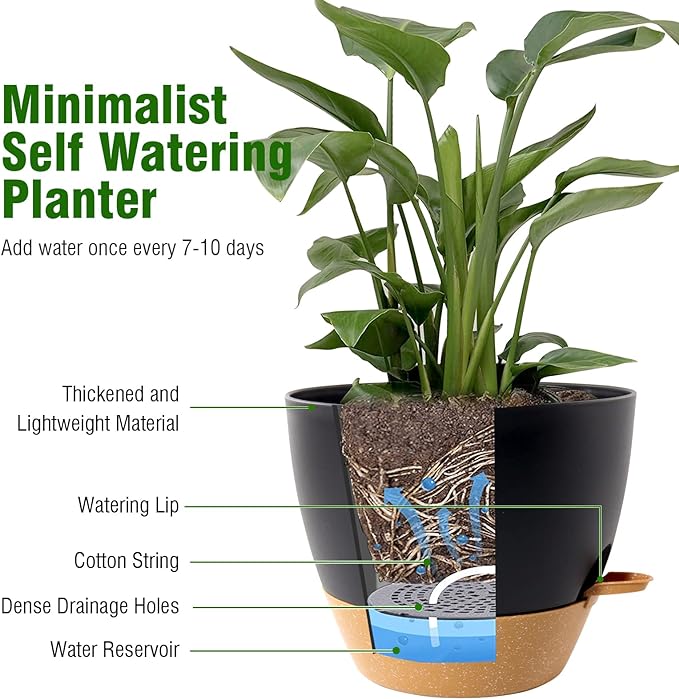10 inch Self Watering Pots, 2 Pack Plastic Planters with Mesh Drainage Holes for Garden Plants and Flower, Plants Pots with Deep Reservoir for Indoor Outdoor Plants, Black with Brown