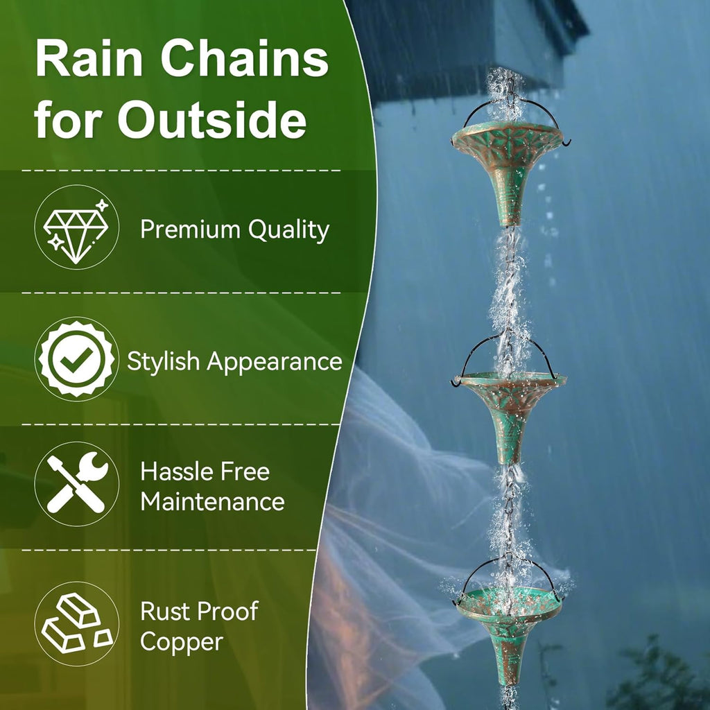 Bronze Funnel Rain Chain 8.6 FT, Decorative Metal Rain Catcher with 12 Cups, Gutter Downspout Replacement