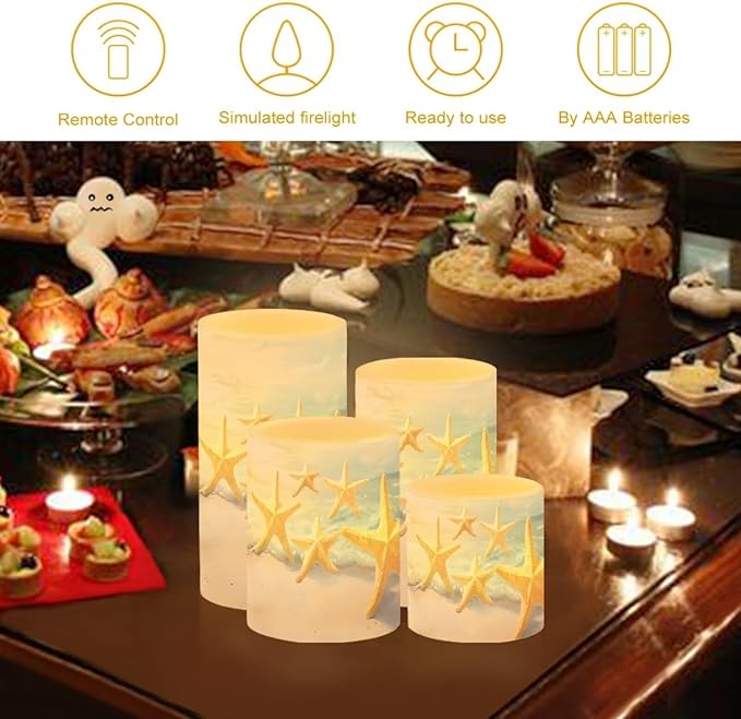 Flameless Candles Battery Powered LED Candle with Remote Timer Color Changing Control Set of 4 for Indoor Outdoor Beach Wedding Home Decoration, Coastal Gold Starfish