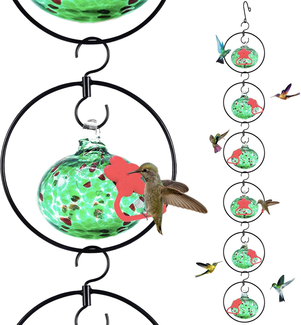 Flexible 6 Pack Hummingbird feeders for Outdoors Hanging Ant and Bee Proof,Detachable Hand Blown Glass Hummingbird Feeder with 6 Adjustable Silicone Perch(Green)