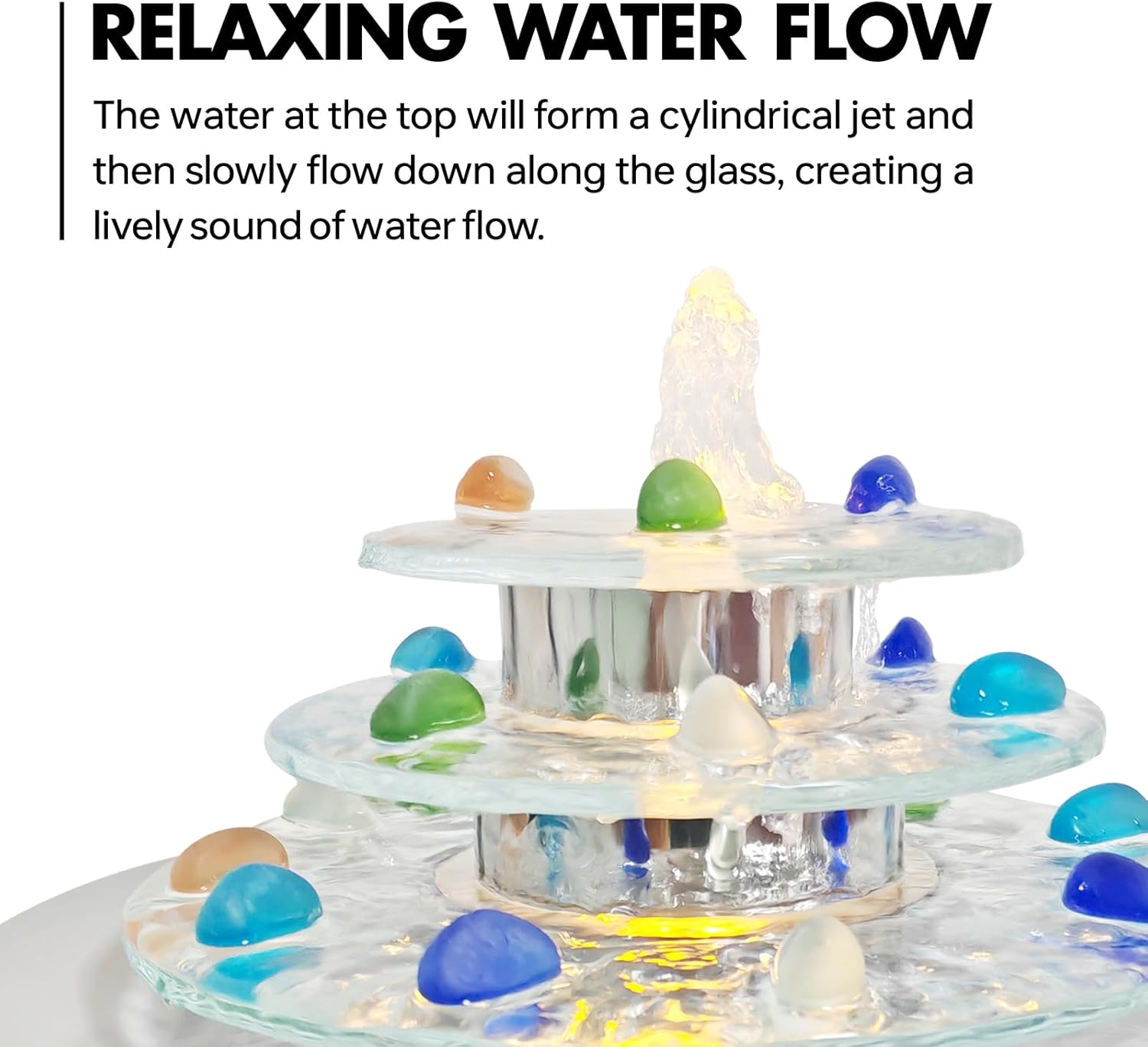 Indoor Tabletop Fountain 3-Tier Waterfall, Zen Meditation Fountains with LED Light, Home Desktop Soothing Sound Meditation Relaxing Water Feature for Office Room Table Decoration