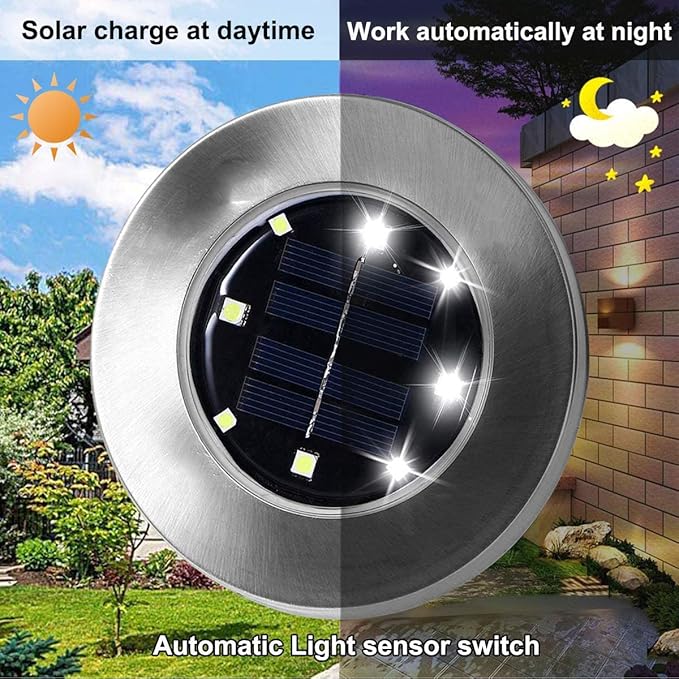 Solar Ground Lights, 4 Pack 8 LED White Solar Pathway Lights, Waterproof, Modern, Outdoor, In-Ground, Garden, Path, Deck, Lawn, Patio, Walkway