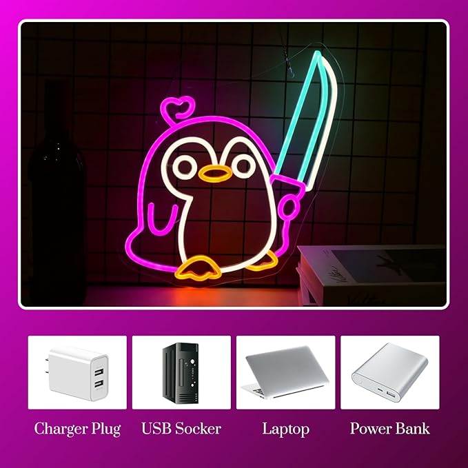 Penguin Neon Sign Dimmable Penguin Knife Neon Signs for Wall Decor LED USB Powered Cute Anime Neon Light Sign For Boys Bedroom Room Garden Party Restaurant Home Decoration Birthday Gifts