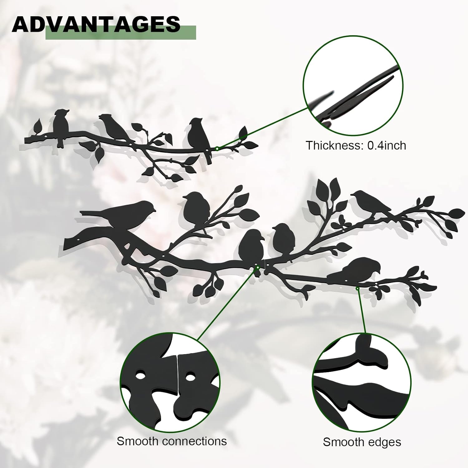 ULENDIS 3Pcs Large Metal Birds Wall Art, Bird on Branch Metal Birds Wall Decor Leaves with Bird Silhouette Sculpture, Ornament Branch Wall Hanging Sign for Balcony Garden Indoor Outdoor Decor