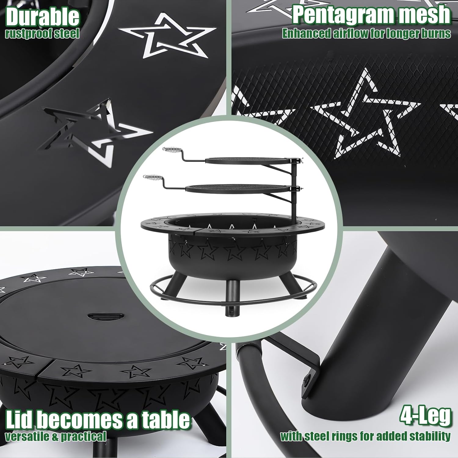 32.5" 3-in-1 Fire Pit Table with Dual Grills – Wood Burning Firepit for Outside Cooking, BBQ Grate & Round Patio Table – Includes Charcoal Pan, Log Rack,Poker & Lid for Backyard, Garden