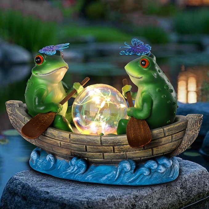 Solar Frog Boating Garden Statue with Ball Light 5.1" Resin Frogs Decor for Home Front Door Patio Porch Balcony Women Gardeners Moms Wives Girlfriends