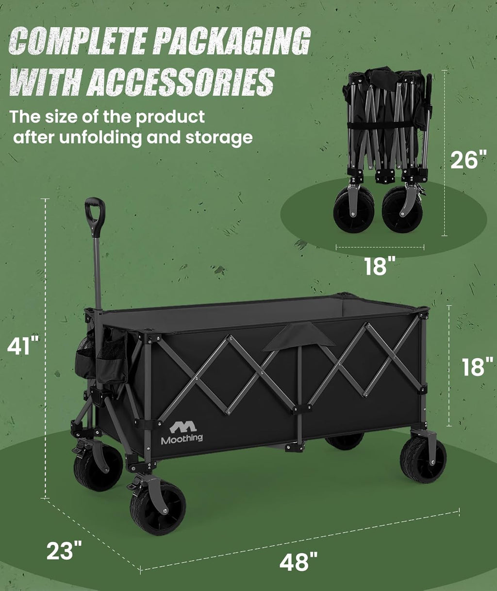 48”L Foldable Wagons Carts Extended, Collapsible Folding Wagon 500lbs Heavy Duty, 320L Large Beach Wagon, Utility Wagon with All Terrain Big Wheels for Sports, Camping, Grocery, Garden, Black