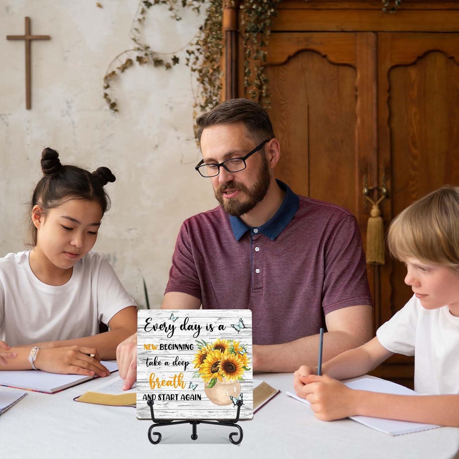 Motivational Gifts Wood Decor Sign, Inspirational Sunflower Wooden Rustic Farmhouse Decor with Stand for Home Desk Tabletop Shelf Decorations (A12)