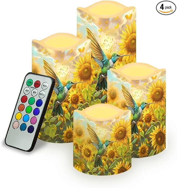 Ystardream Operated Candles with Flickering Flame Flameless Taper Candles Flickering Operated Electric Pillar Candle LED Candle for Indoor Outdoor Home Decor Hummingbird Sunflower