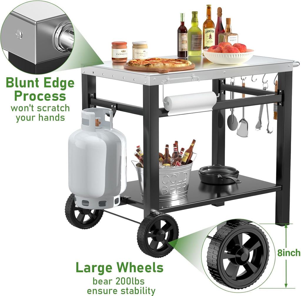 34x21IN Outdoor Grill Table, Grill Stand Cart for Ninja Woodfire & Blackstone Griddle, Pizza Oven Table for Outside, Extra-Wide Stainless Steel Cart with Wheels for Kitchen Food Prep Table