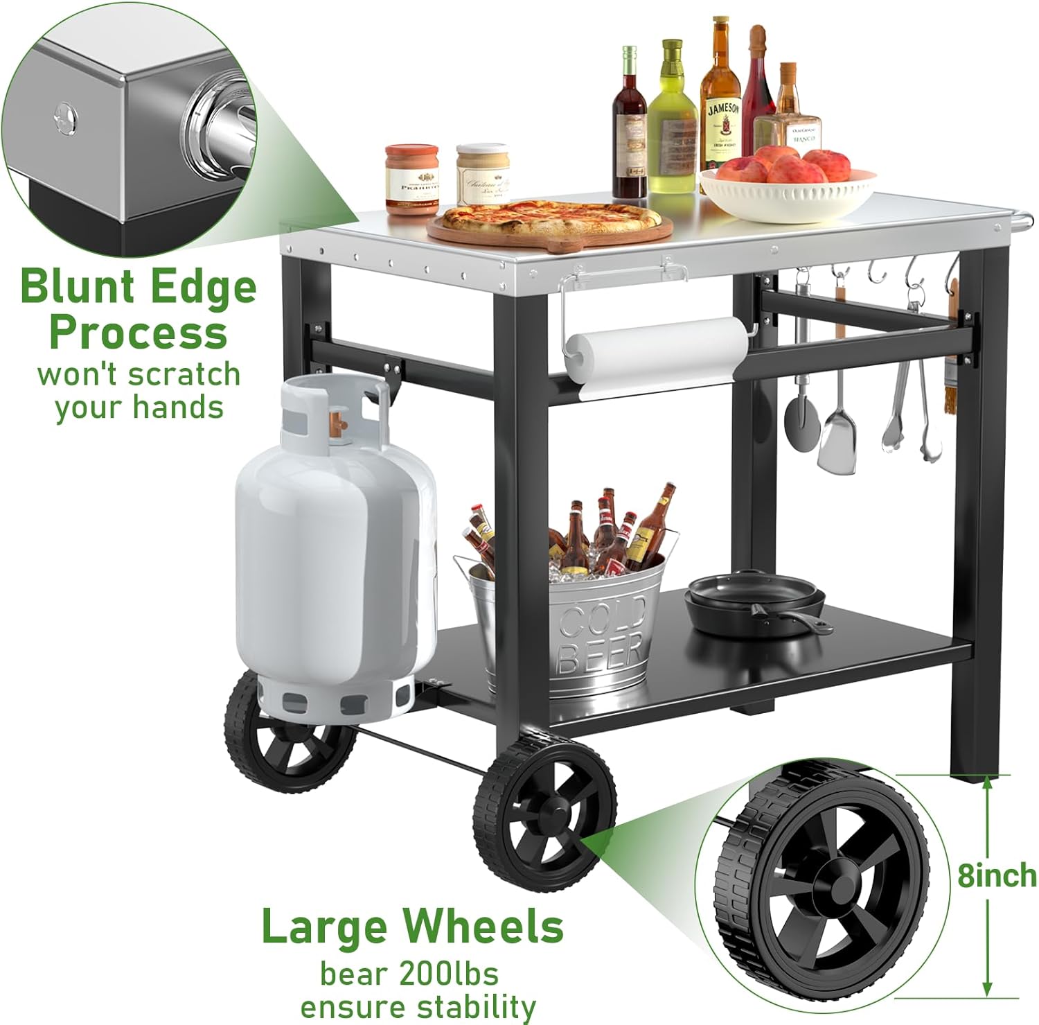 34x21IN Outdoor Grill Table, Grill Stand Cart for Ninja Woodfire & Blackstone Griddle, Pizza Oven Table for Outside, Extra-Wide Stainless Steel Cart with Wheels for Kitchen Food Prep Table