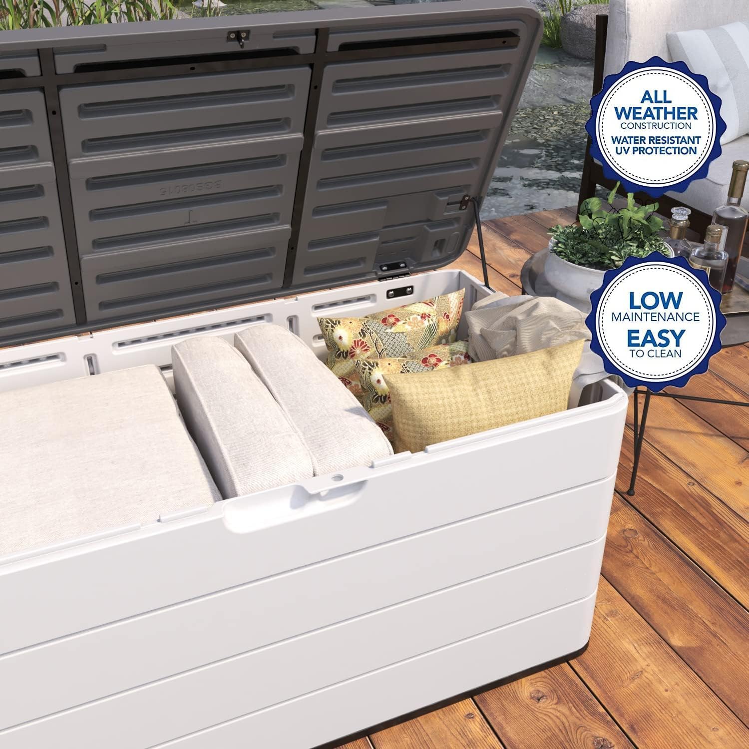 100 GAL Resin Deck Box - Lockable Waterproof Outdoor Storage Bench for Patio Cushions, Garden Tools & Pool Accessories - Wood-Look Texture, White
