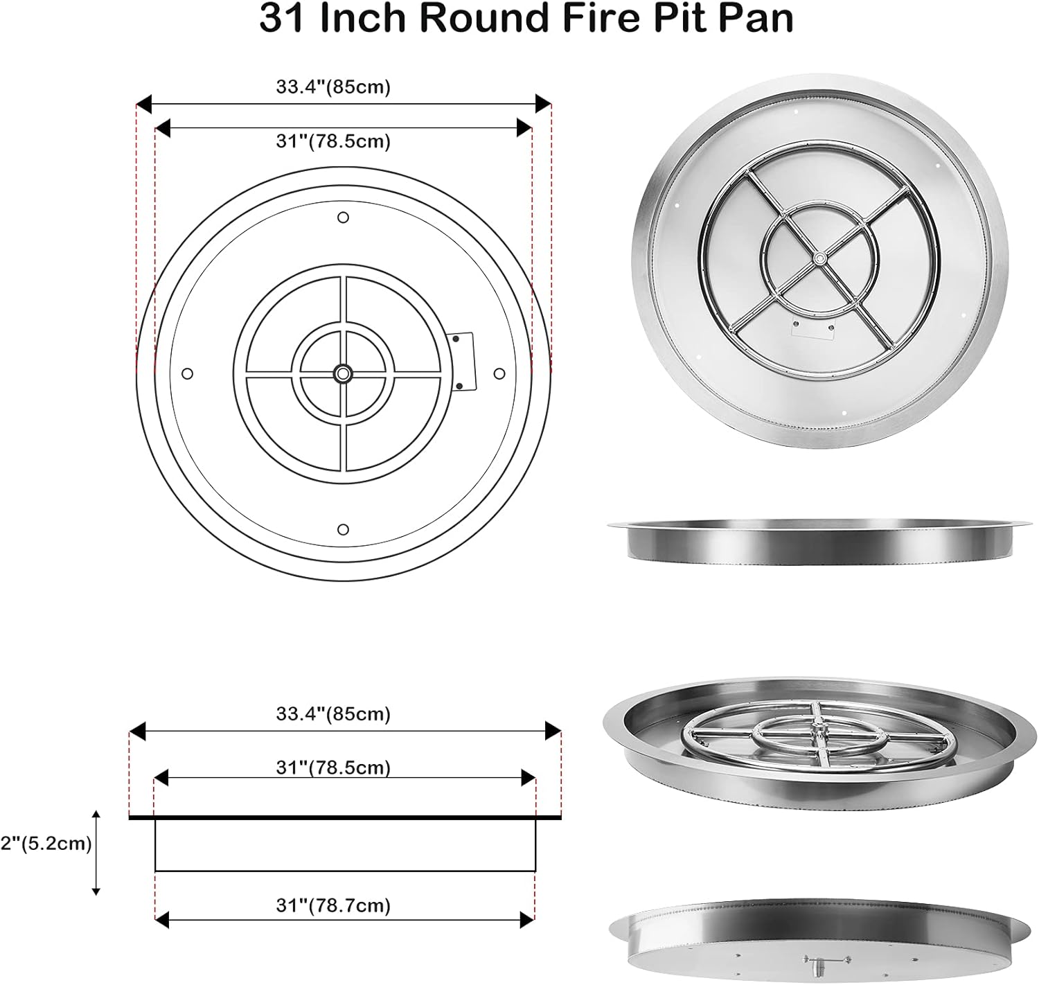 Stanbroil 31-Inch Round Fire Pit Burner Pan, Drop-in Fire Pit Insert for Natural & Propane Gas Firepit Table, Stainless Steel, BTU 296,000 Max