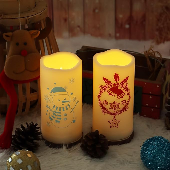 Outdoor Battery Operated Flameless Pillar Candles Auto Daily Timer Waterproof Realistic Flickering Electric LED Lights Wreath Jingle Bell Snowman Decals Christmas Decoration 3”X6” 2 Pack