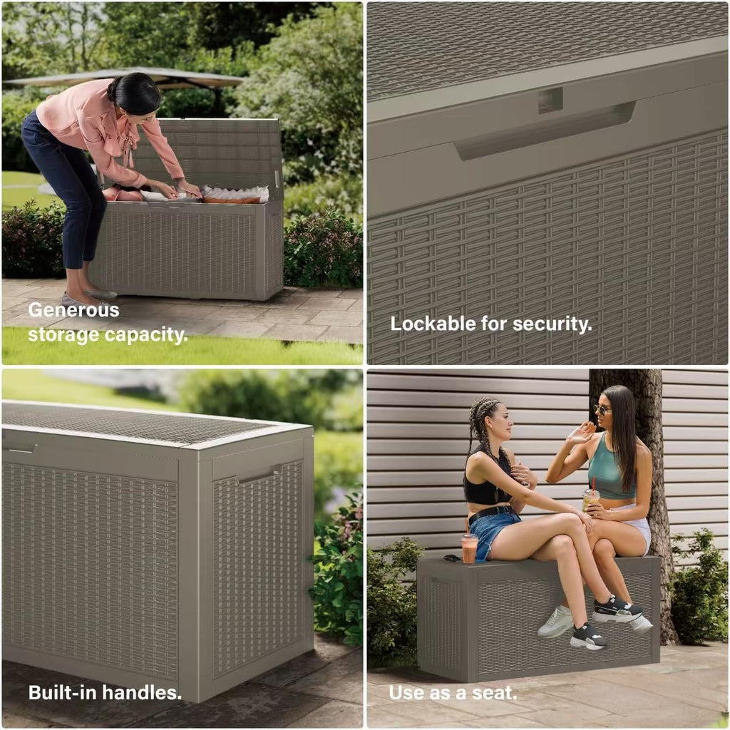 100 Gallon Deck Box, Resin Outdoor Indoor Waterproof Storage Box, Lockable Storage Box With Handle for Patio Furniture - Garden Tools - Swimming Pool Tools UV-Resistant, Brown