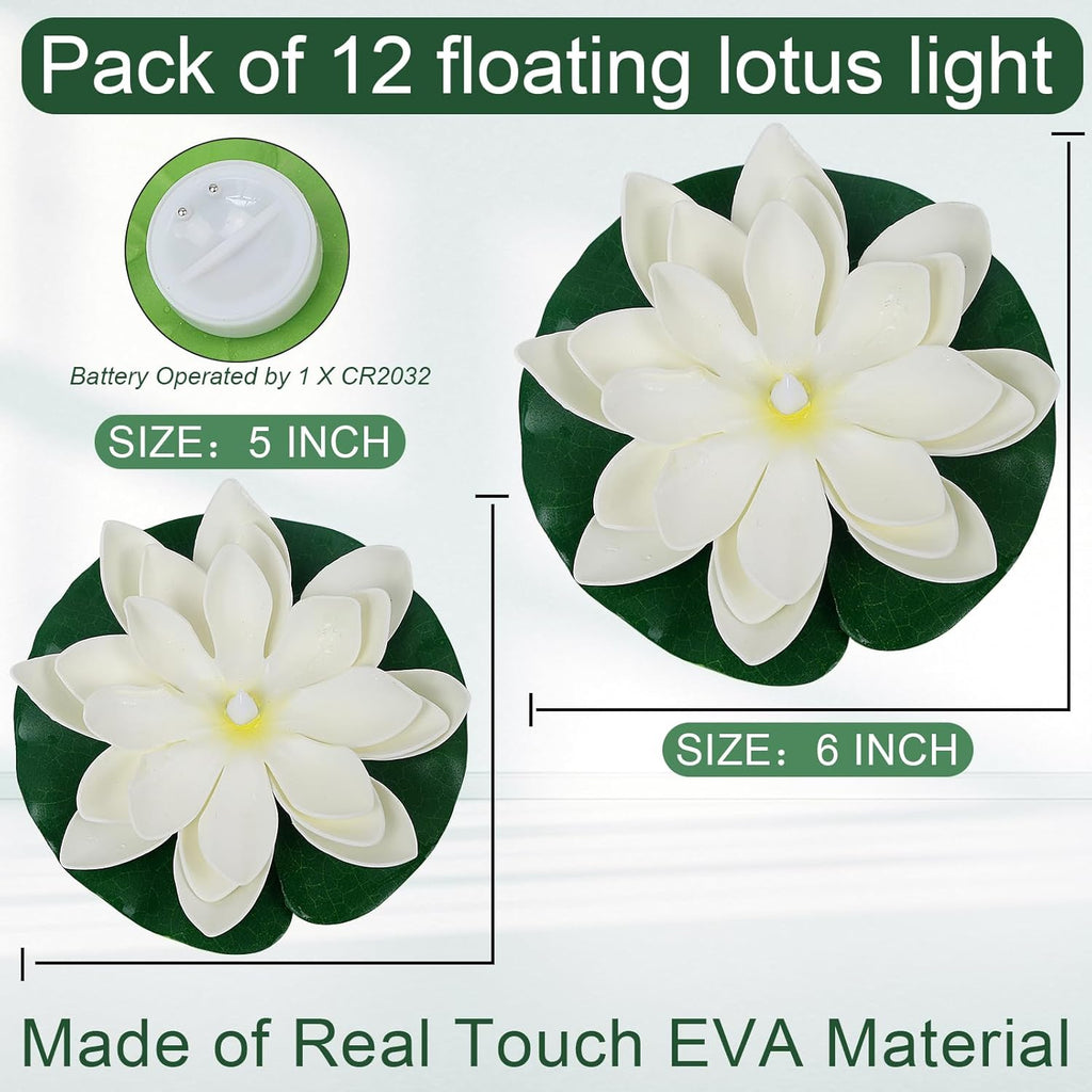 12 PCS Diwali Waterproof Floating Lotus Light - Floating Flower Light Battery Operated Water Activated Warm White Pool Flower Lamp Wedding,Anniversary,Garden Decoration(6Inch & 5Inch)