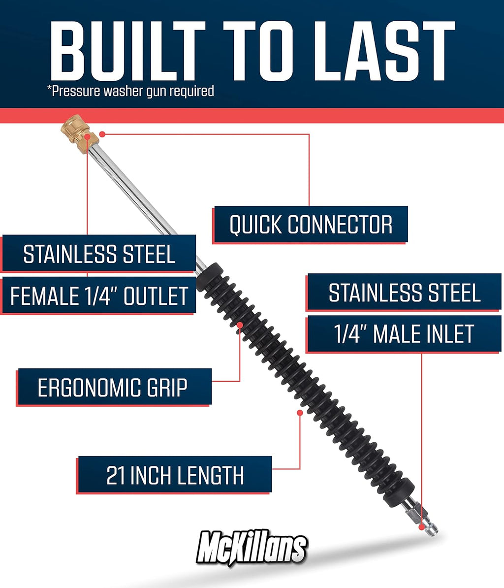 McKillans® Car Pressure Washer Extension Wand - Power Washer Wand Extension for Car Wash - Short Pressure Washer Wand Replacement - Pressure Washer Accessories & Attachments - 1/4” Quick Connect Plug