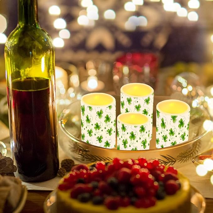 Flameless Light Candles for St Patricks Day Decorations, Battery Operated Candles Color Changing Timer Remote Control Pillar Candles Tealight St. Patrick Gift Accessories, Green Grass Print