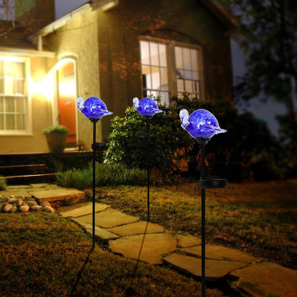 Afirst Decorative Solar Lights Outdoor Solar Turtle Stake Lights Hand Blown Glass Decorative Garden Pathway Light Outdoor Waterproof Glass Stakes Blue