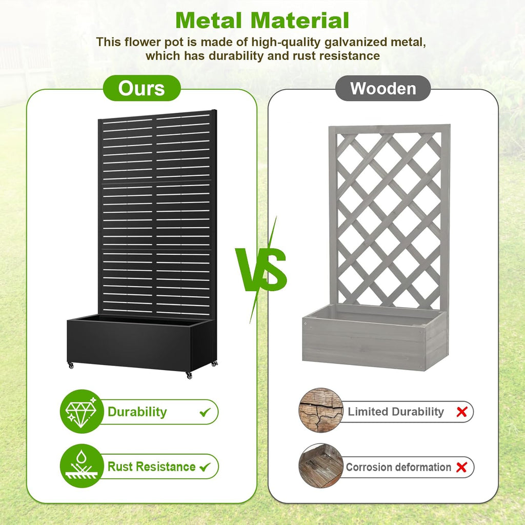 Metal Planter Box with Trellis, 72"x35"x16" Metal Raised Garden Bed with Trellis, Trellis Planter Box with Drainage Holes & Lockable Casters for Climbing Plants, Vegetables, and Vines