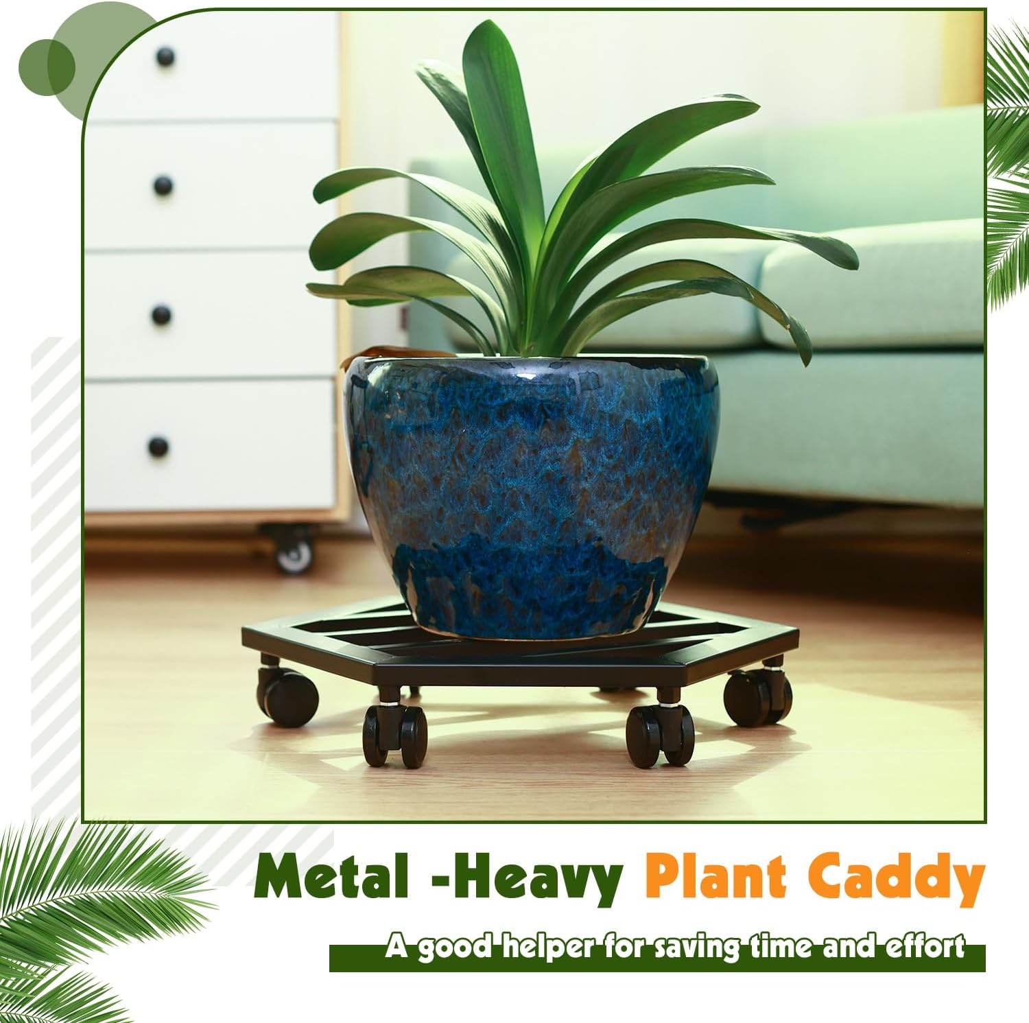 1 Pack 13 inches Large Metal Plant Caddy with Wheels Rolling Plant Stands Heavy-duty Wrought Iron Plant Roller Movers Indoor Outdoor Wheeled Plant Dolly with Casters Tray Coaster, Hexagon black