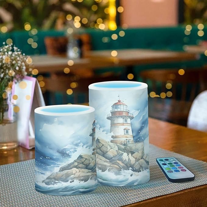 Flickering Flameless Candles, Lighthouse Ocean LED Candles with Remote Timer, Set of 2 Battery Operated Candle for Valentine Wedding Birthday