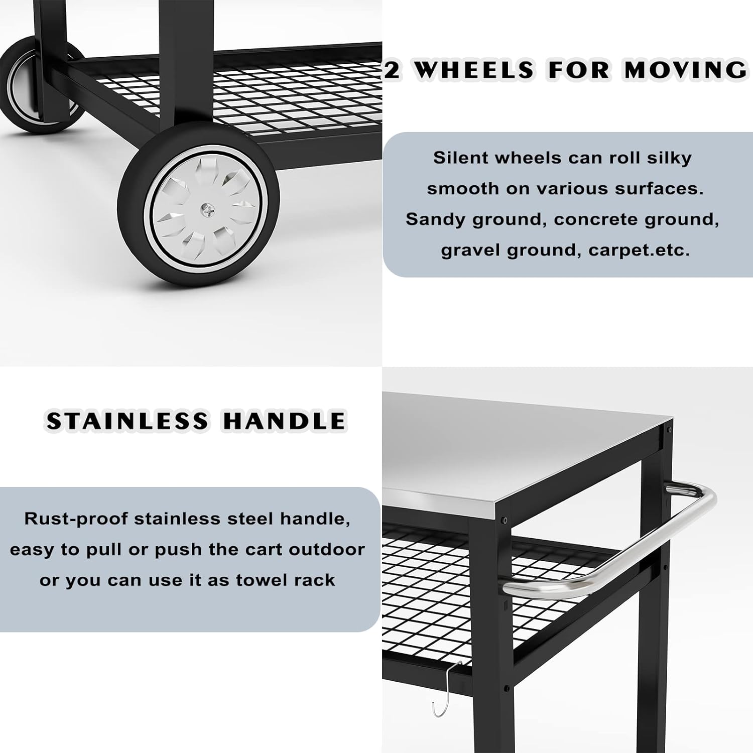 Movable Food Prep and Work Table Stainless Steel Grill Cart Modular Table with Wheels and Handle Double-Shelf Commercial Kitchen Tables Heavy Duty Pizza Oven Stand Outdoor