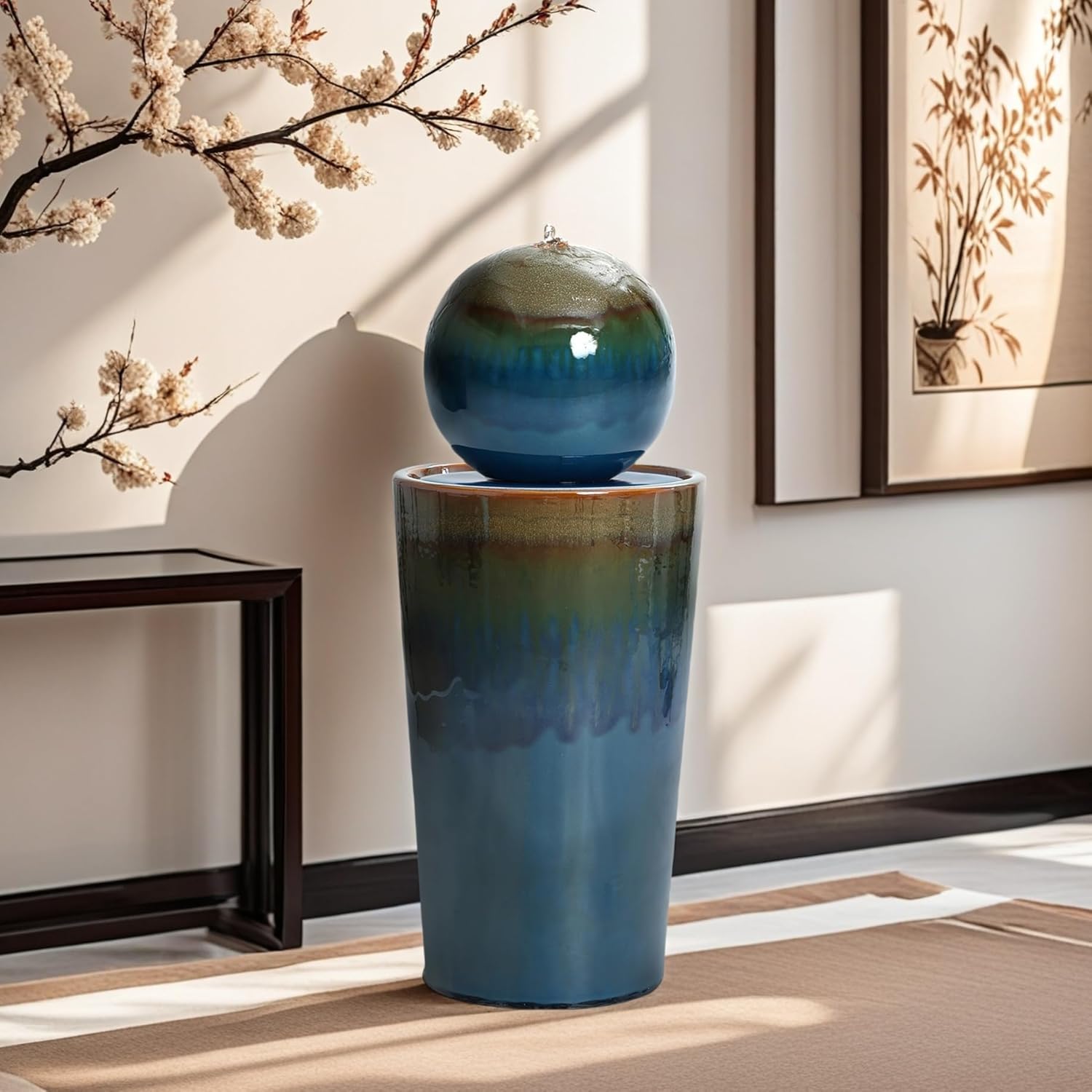 LuxenHome 30" Water Fountain Outdoor and Indoor, Glazed Blue Bubbling Sphere Ceramic Garden Outdoor Water Fountain, Elegant Modern Waterfall Garden Decor for Patio, Lawn, and Backyard