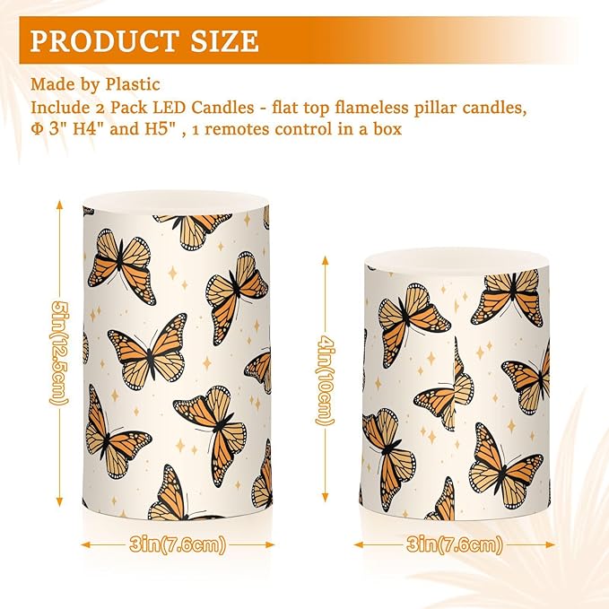 Flickering Flameless Candles, Monarch Butterflies LED Candles with Remote Timer, Set of 2 Battery Operated Candle for Valentine Wedding Birthday