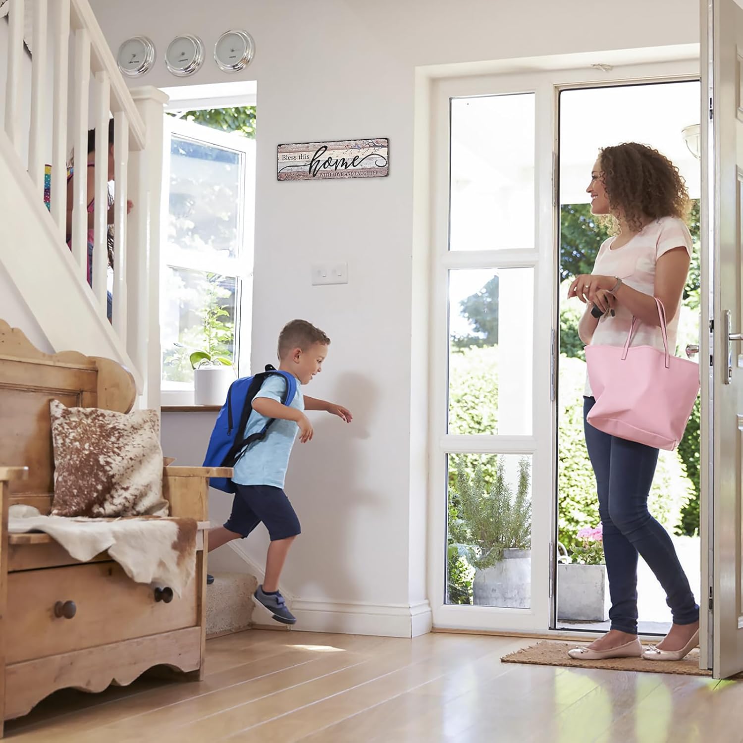 Home Sign Wall Decorations for Living Room Bless - This Home with Love and Laughter - Family Wall Decor Signs for Kitchen Bedroom Dining Room 16x5 Inches