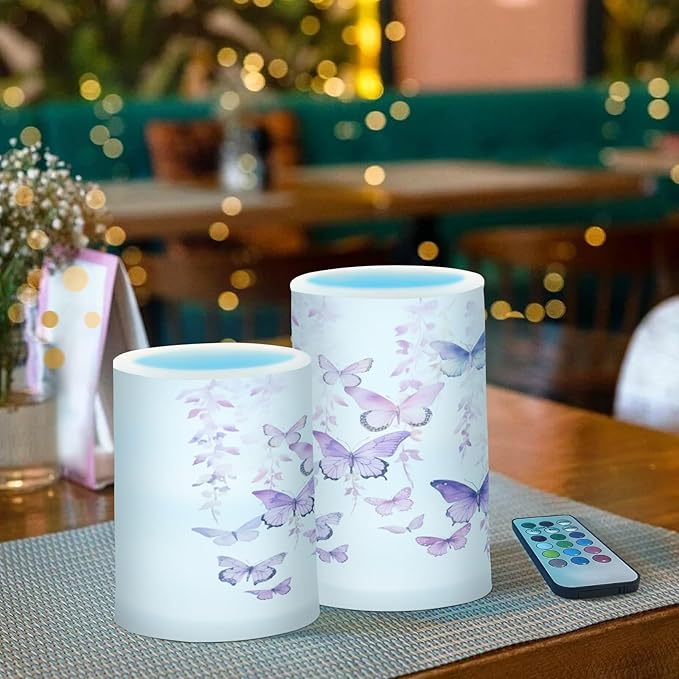 Flickering Flameless Candles, Butterflies Purple LED Candles with Remote Timer, Set of 2 Battery Operated Candle for Valentine Wedding Birthday