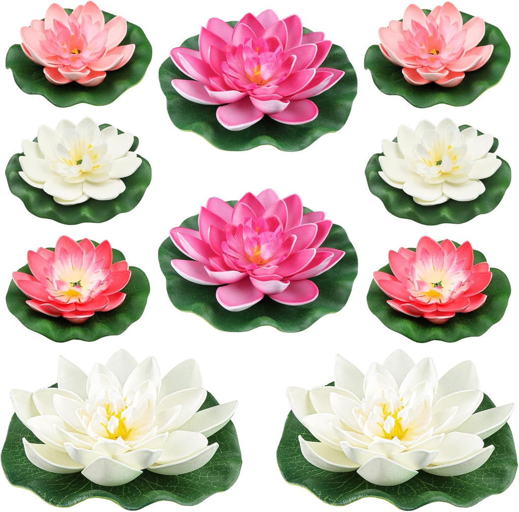 10PCS 3 Sizes Artificial Foam Lotus Floating Flowers with Water Lily Pad Ornaments for Home Garden Pond Decor Pools Water Decorations, Pink and White