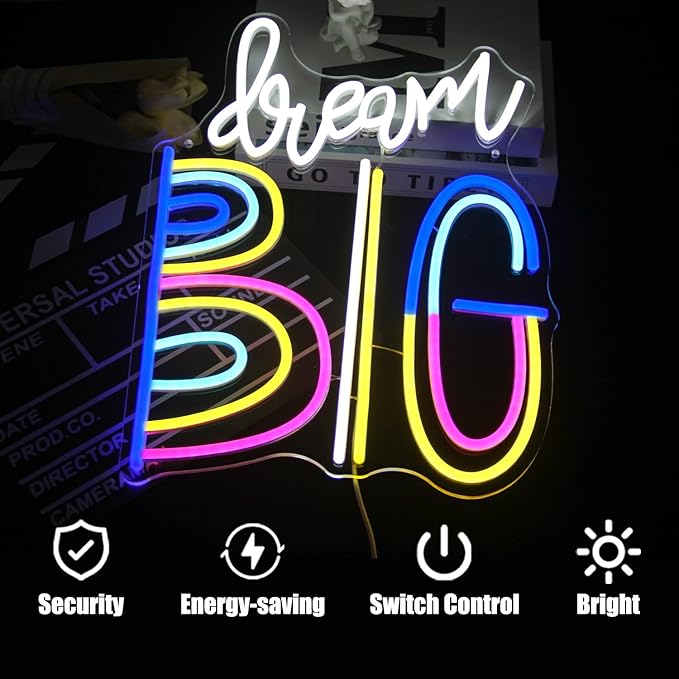 Dream Big Neon Signs for Wall Decor Colorful Letter Neon Sign Inspiring Quotes Neon Light LED Motivational Decor Dream Neon Light Sign for Bedroom Classroom Office Dorm Decoration