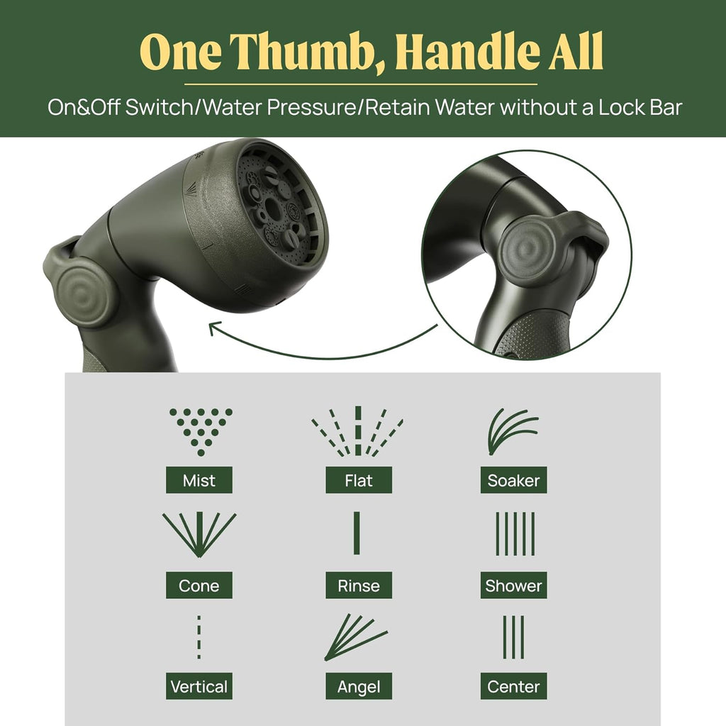 Garden Hose Nozzle - 9 Spray Patterns, Metal, Thumb Control, On/Off Valve, High Pressure Heavy Duty Water Hose Spray Nozzle for Gardening, Lawn Care, and Cleaning Tasks-Seaweed Green