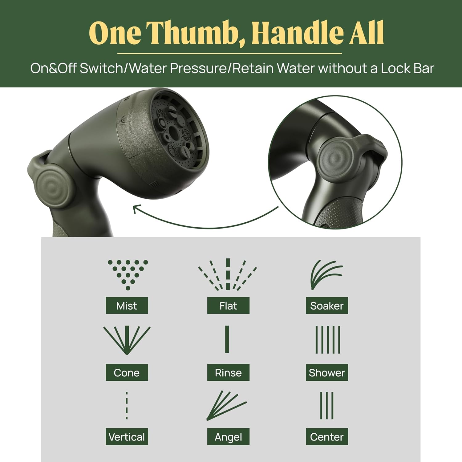 Garden Hose Nozzle - 9 Spray Patterns, Metal, Thumb Control, On/Off Valve, High Pressure Heavy Duty Water Hose Spray Nozzle for Gardening, Lawn Care, and Cleaning Tasks-Seaweed Green