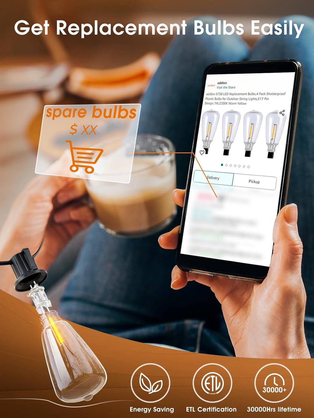 addlon 200 FT (4X 50FT) Outdoor String Lights,Waterproof Patio Lights ETL Listed with 60+4 Shatterproof Dimmable ST38 LED Bulbs,2200K Connectable Outdoor Lighting for Backyard Bistro Garden