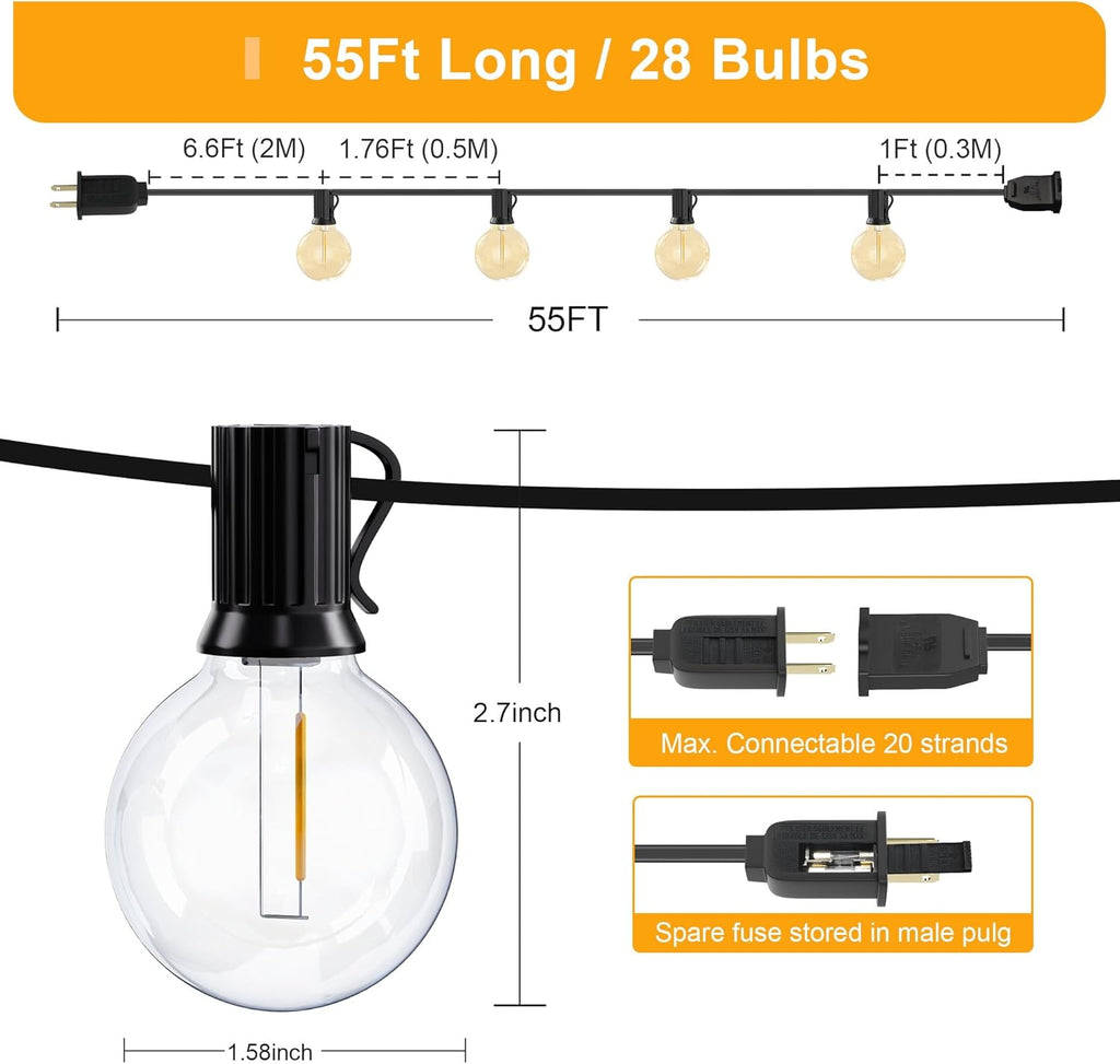 OHLUX Outdoor String Lights, 55FT Shatterproof LED Patio Lights with 26 Dimmable Plastic G40 Bulbs, 2200K Waterproof Connectable Hanging String for Backyard, Cafe, Porch, Deck, E12 Base